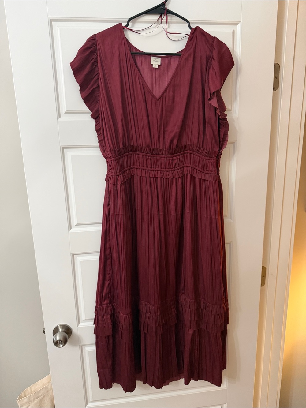 V-Neck Ruffle Midi Dress in Deep Burgundy